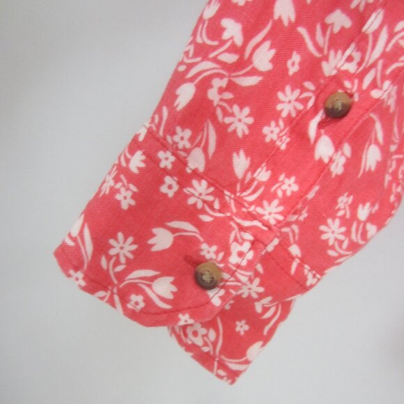 Pure Linen Brand Womens 14 Coral Pink White Floral LS 100% Linen Button Shirt XL - Picture 7 of 8